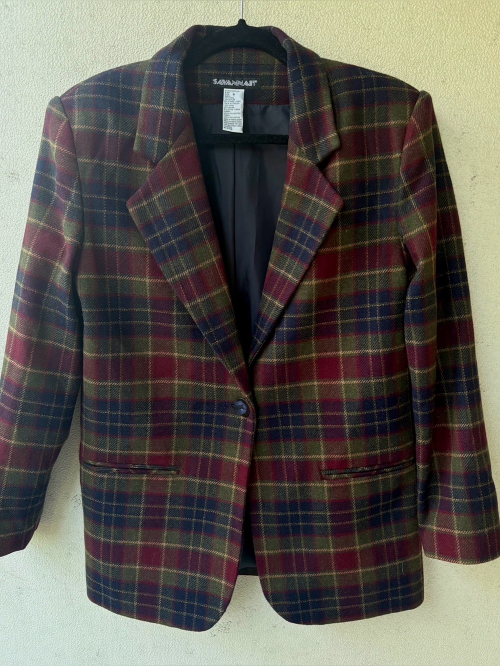 70% Wool Tartan Plaid Longline Blazer Burgundy Olive Savannah Size 6